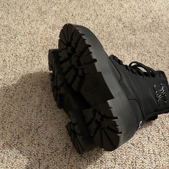 CELINE Canvas Leather Lace Up Combat Boots with Logo Size 35 - Picture 8 of 11